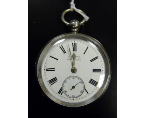 H Samuel Manchester hallmarked silver open faced pocket watch with Roman numerals, inset subsidiary seconds dial, white ename