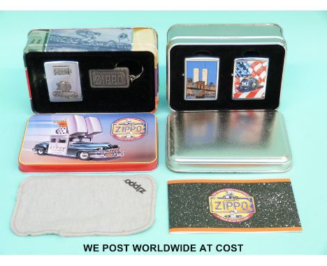 Two Zippo lighter sets comprising Twin Towers 911 commemerative set and Bradford PA Zippo car set, both in original tins with