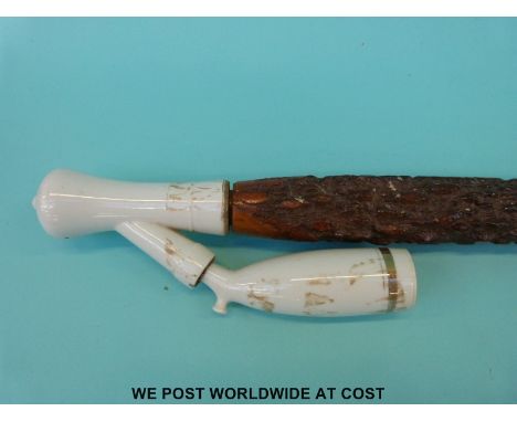 A very large late 19th / 20thC German or Bavarian carved wood, horn and ceramic pipe