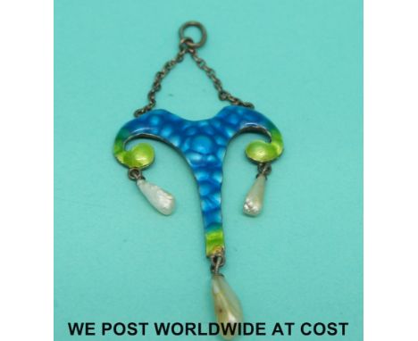 A pendant set with green and blue enamel with three drop pearls in the Arts & Crafts or Art Nouveau style