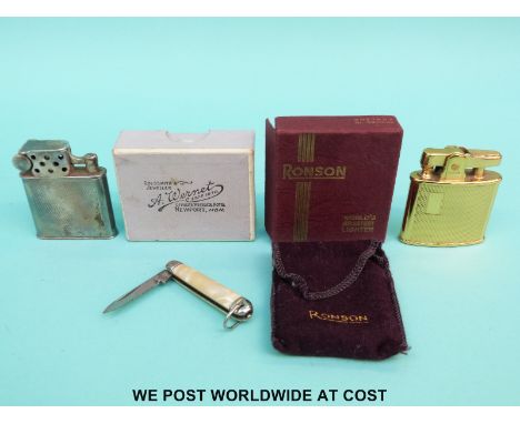 A boxed Ronson standard gold plated lighter, an Orlik Match-less lighter and a folding knife
