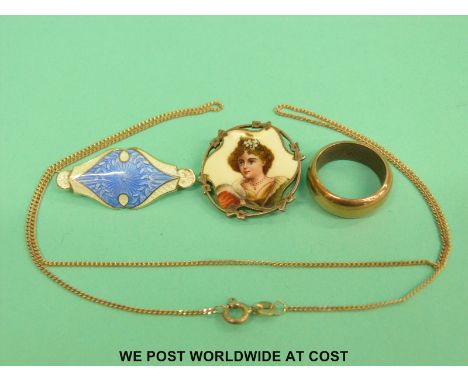 A hallmarked silver brooch set with guilloche enamel, an enamel brooch depicting a woman, a gold filled ring and a silver cha