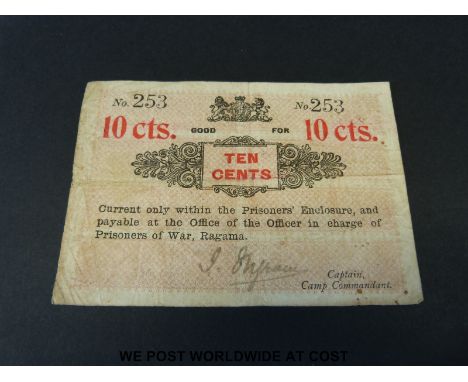 Ragama, overseas Boer War Prisoner of War camp, Ceylon 10 cents, first type c1901, hand-stamped serial number 253, black text