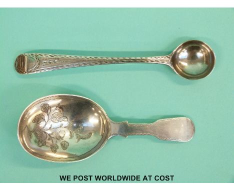 A Hester Bateman bright cut silver mustard spoon and a Georgian silver caddy spoon (21g)