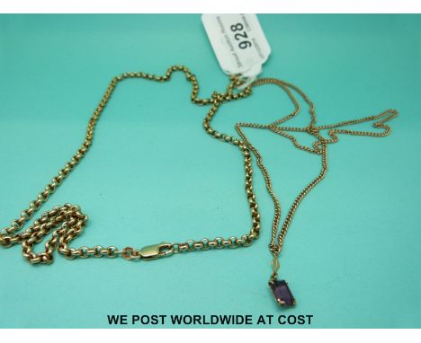 Two 9ct gold chains and a 9ct gold pendant set with an amethyst (17.4g) 