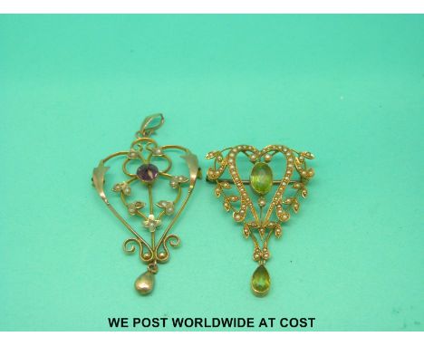 Two Edwardian pendants, one set with seed pearls and peridot, the other with seed pearls and an amethyst