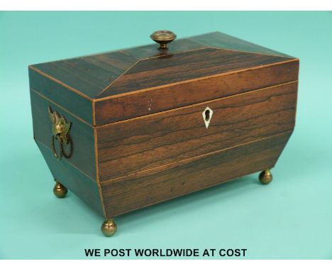 A 19thC rosewood two division tea caddy raised on brass ball feet (W22xD12.5xH15.5cm)