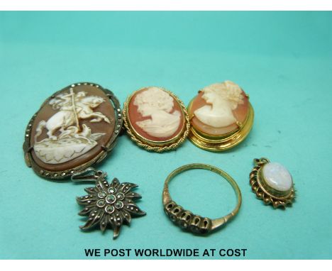 A 9ct gold pendant set with a cameo, a white metal brooch set with a cameo, an 18ct gold ring, a 9ct gold pendant set with an