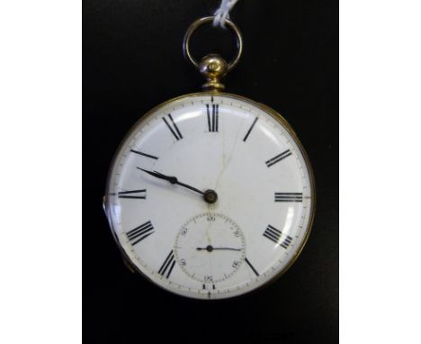 An 18ct gold pocket watch with subsidiary seconds dial and black Roman numerals to the white enamel face and engine turned ca