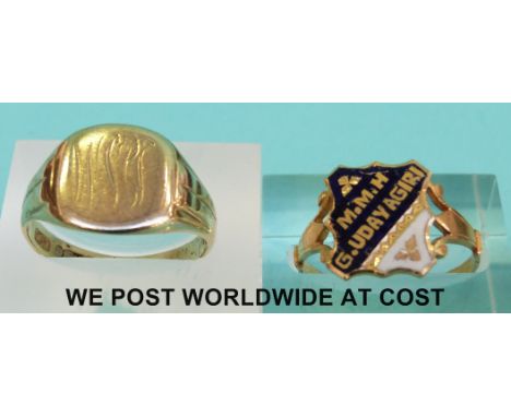 A 9ct gold signet ring (4.1g) and a yellow metal signet ring with enamel decoration bearing motto M.M.H G.Udayagri (2.9g)