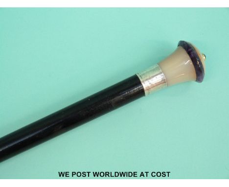 An agate, blue john, amethyst and hallmarked silver topped walking cane with ebony shaft, Ldn 1919, maker's mark rubbed, over