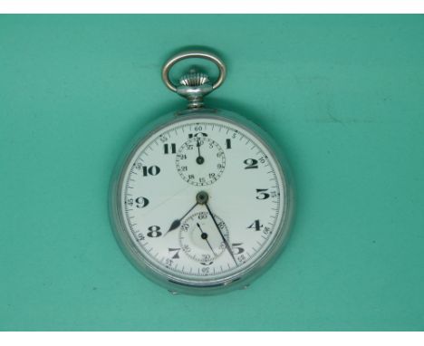 Continental white metal chronometer pocket watch with blue hands, Arabic numerals and inset dials to the white enamel face, c