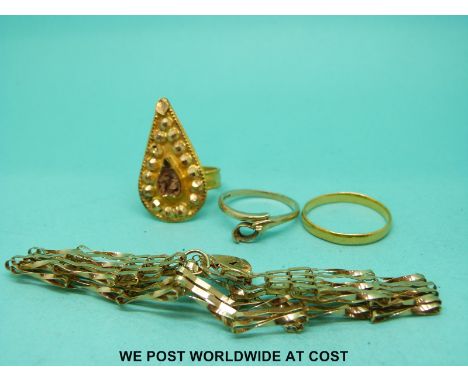 A yellow metal ring possibly Indian (5g), a 9ct gold gate bracelet, 9ct gold ring (6.2g) and a 22ct gold wedding band (2.4g)