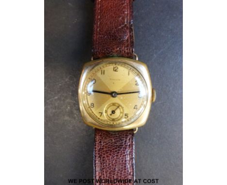 Rolco (Rolex) gold plated gentleman's wristwatch wuth subsidiary seconds dial, two tone face and cushion shaped case, on brow