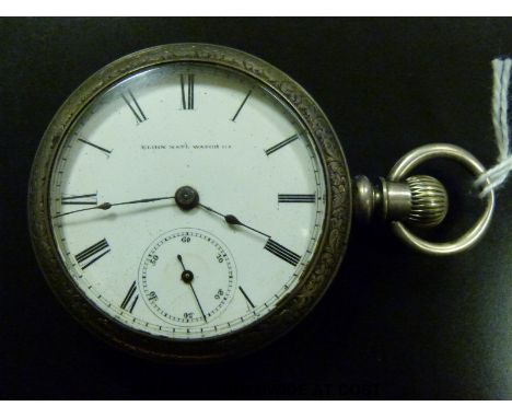 Elgin National Watch Co white metal open faced keyless wind pocket watch with subsidiary seconds dial and Roman numerals to t