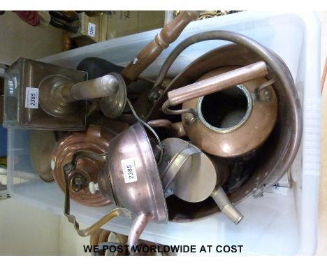 Copper ware to include coal scuttle, kettle, coaching lamp etc