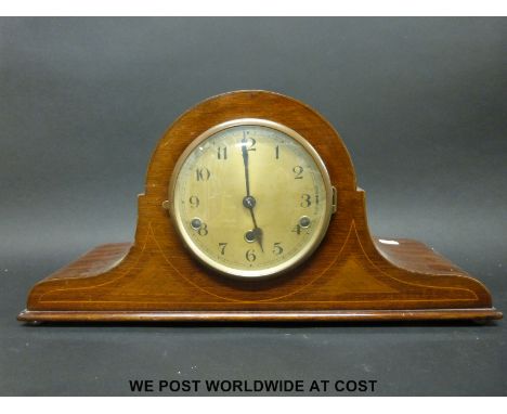 A three train Napoleon hat mantel clock with inlaid decoration, unmarked movement no 41846, striking on a gong
