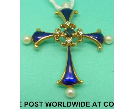 A 15ct gold cross pendant designed by Fabergé, with enamel decoration and set with a central square cut sapphire, diamonds an
