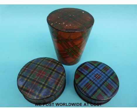 Two tartanware trinket or patch boxes, one McPherson the other McBeth together with a tartanware cased measuring cup marked M