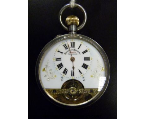 Hebdomas patent hallmarked silver keyless winding pocket watch with Roman numerals, gilt highlighted white enamel dial, engra