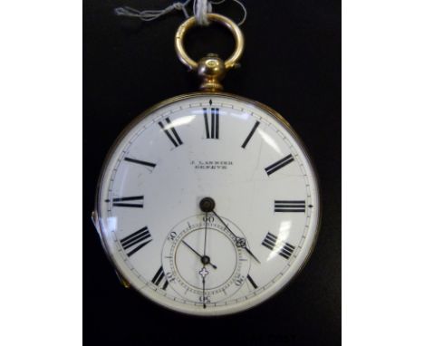 J Lannier Swiss 18ct gold pocket watch with inset subsidary seconds dial and black Roman numerals to the white enamel face an