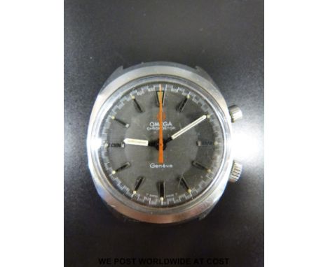 Omega Chronostop gentleman's chronograph wristwatch with white hands and baton markers on grey face, case size 34x40mm. 