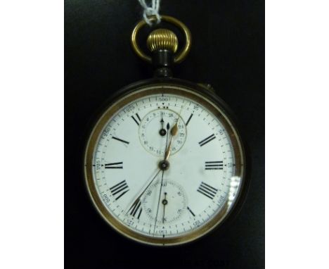 The Ascot gun metal chronograph pocket watch with gold hands and bezel, inset subsidiary dials and clear cover over movement,