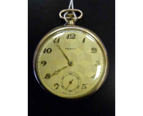 Tempo Swiss made rolled gold gentleman's slim cased pocket watch, with engine turned dial and stylised Arabic numerals, c1920