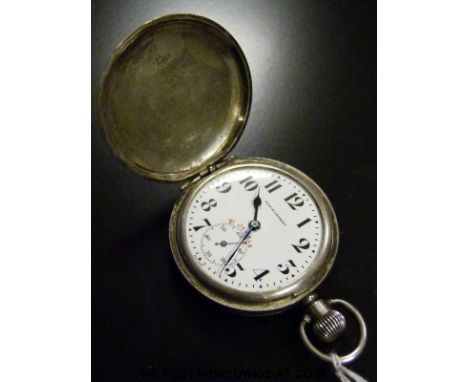 Edma Watch Co hallmarked silver full hunter pocket watch with subsidiary seconds dial, Arabic numerals and engine turned case