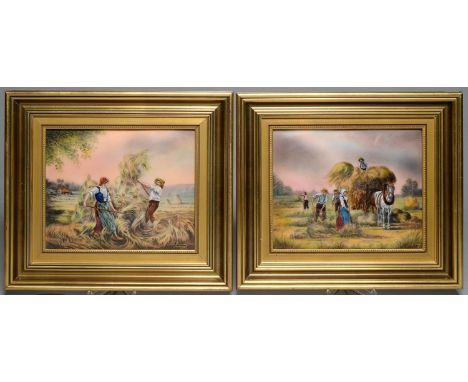 A PAIR OF LIMOGES ENAMEL PLAQUES, 20TH C, PAINTED BY R RESTOUEIX, BOTH SIGNED AND INSCRIBED ?LIMOGES?, WITH HAYMAKERS, 21 X 2