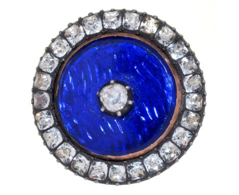 A VICTORIAN DIAMOND, GOLD, SILVER AND BLUE GUILLOCHE ENAMEL AND PASTE BROOCH, THE CENTRAL DIAMOND ON A BLUE ENAMEL FIELD, GOL