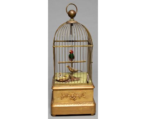 A BONTEMS COIN OPERATED SINGING BIRD AUTOMATON, C1900, IN THE FORM OF A SQUARE BIRDCAGE CONTAINING TWO BIRDS AND TWO CHICKS I