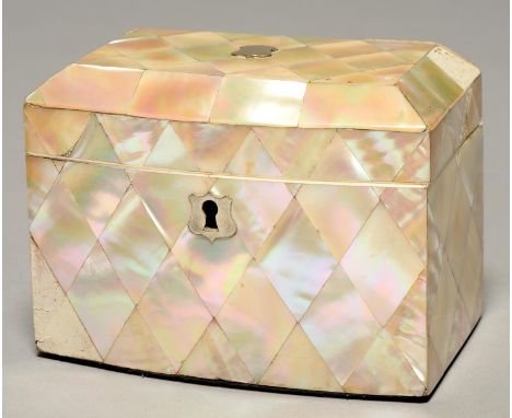 A VICTORIAN BOW FRONTED MOTHER OF PEARL TEA CADDY, C1850, THE DIVIDED INTERIOR WITH PAIR OF MOTHER OF PEARL COVERS, 12.5CM L 