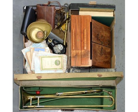 A CAST IRON WEIGHING SCALE WITH BRASS PANS, A PAIR OF BINOCULARS IN LEATHER CASE, A COLLECTION OF GB AND WORLD POSTAGE STAMPS