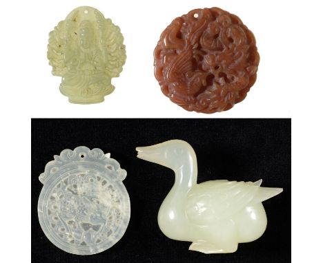 A CHINESE CELADON JADE&nbsp; CARVING OF A DUCK, 20TH C, 4.5CM H,&nbsp; AND THREE CHINESE CARVED JADE PENDANTS (4) Condition r