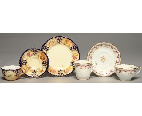 A JOHN RIDGWAY LEAF MOULDED TRIO, C1850, WITH ENTWINED HANDLE, TURQUOISE, PUCE AND GILT ?C? SCROLL BORDER, THE SCALLOPED SAUC