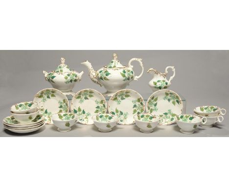 A ZACHARIAH BOYLE TEA SERVICE C1840, PAINTED IN SHADES OF GREEN AND GILT WITH FOLIAGE, TEAPOT AND COVER 19CM H, PATTERN 922 (