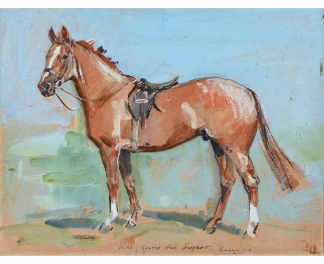 J LAMBLYN (FL. MID 20TH C) - PORTRAIT OF THE HORSE ?KIM?, SIGNED, DATED 1958 AND INSCRIBED KIM ? SKETCH FOR PORTRAIT, GOUACHE