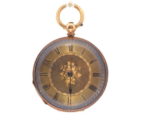 A SWISS GOLD CYLINDER LADIES WATCH, LATE 19TH C, WITH ENGRAVED DIAL, ENGINE TURNED AND ENGRAVED CASE BACK, 39MM, MARKED K18Co