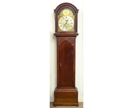 A GEORGE III OAK EIGHT DAY LONGCASE CLOCK, JOHN MEVILLE NORWICH, C1770, THE BREAKARCHED BRASS AND SILVERED DIAL WITH SUBSIDIA