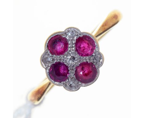 A RUBY AND DIAMOND RING, EARLY 20TH C, MILLEGRAIN SET, IN GOLD MARKED 18CT, 2.5G, SIZE M½ Condition report  &nbsp;Good condit