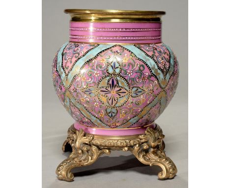 A BRASS MOUNTED PERSIAN STYLE ENAMELLED PINK OVERLAY GLASS OIL LAMP BASE, C1890, GLOBULAR, DECORATED IN PALE BLUE AND OTHER C