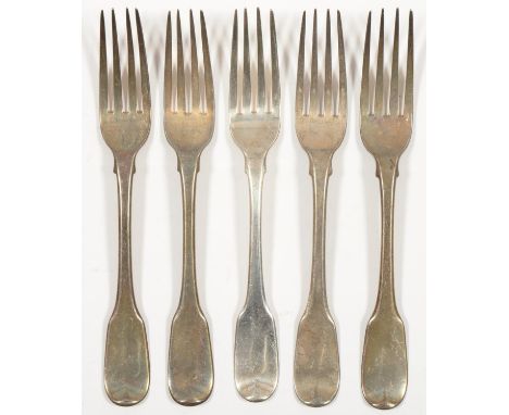 A SET OF FIVE GEORGE III SILVER TABLE FORKS, FIDDLE PATTERN, CRESTED, BY ELEY, FEARN & CHAWNER, LONDON 1811, 12OZS 13DWTSCond