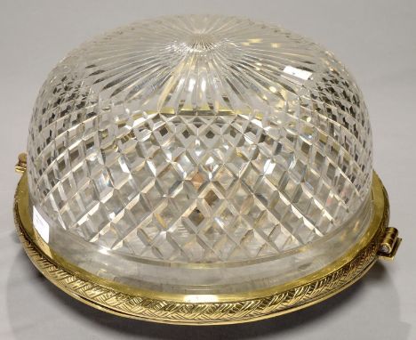 A ROUND CUT GLASS PLAFONNIER OR CEILING LIGHT, WITH HINGED CAST BRASS MOUNT, SECOND QUARTER 20TH C, 37CM DIAM Condition repor