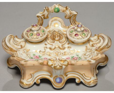 A FRENCH APRICOT GROUND PORCELAIN INKSTAND, MID 19TH C, WITH DETACHABLE POUNCE POT AND INKWELL AND COVERS, 20CM L Condition r