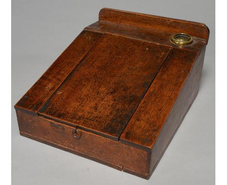 A VICTORIAN OAK CLERK'S BOX WITH SLOPING LID AND BRASS RIMMED GLASS INKWELL, 29 X 36CM Condition report  &nbsp;Old marks and 