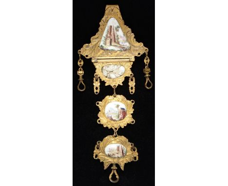 A PINCHBECK AND ENAMEL CHATELAINE HOOK, PROBABLY ENGLISH, C1770, WITH ENAMEL PLAQUES PAINTED WITH RUINS OR AN OBELISK, 15CM H