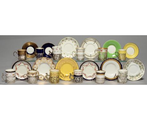 TWELVE GEORGE JONES, AYNSLEY, COPELAND, ROYAL WORCESTER AND OTHER COFFEE CANS, SAUCERS AND PIERCED SILVER OR SILVER GILT HOLD