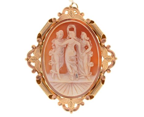 A CAMEO BROOCH, THE OVAL SHELL CARVED WITH THE THREE GRACES, THE VICTORIAN STYLE 9CT GOLD MOUNT 70MM, BIRMINGHAM 1972, 24.6G 