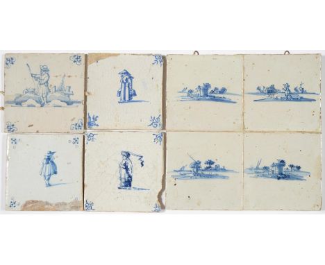 FOURTEEN DUTCH DELFTWARE BLUE AND WHITE TILES, 18TH C, PAINTED WITH FIGURES OR OTHER SUBJECTS, C12.5 X 12.5CM Condition repor
